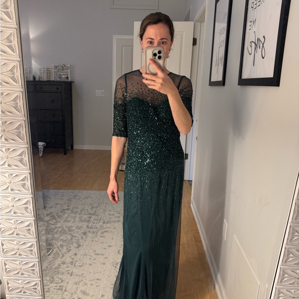 Adrianna Papell Emerald Green Sweetheart Gown with 3/4 Sleeves - Picture 2 of 7